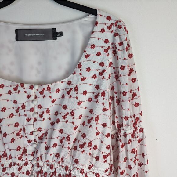 Code X Mode White Red Floral Print Long Sleeve Embroidered Smocked Top Size S - Picture 2 of 8
